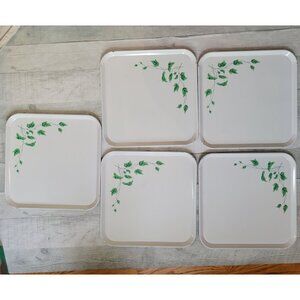 Vintage Serv-A-Dish Set Of 5 Metal Trays With Green Leaf Design